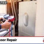 Outdoor AC condenser unit with a failed compressor being inspected by an Above All Heating and Air technician