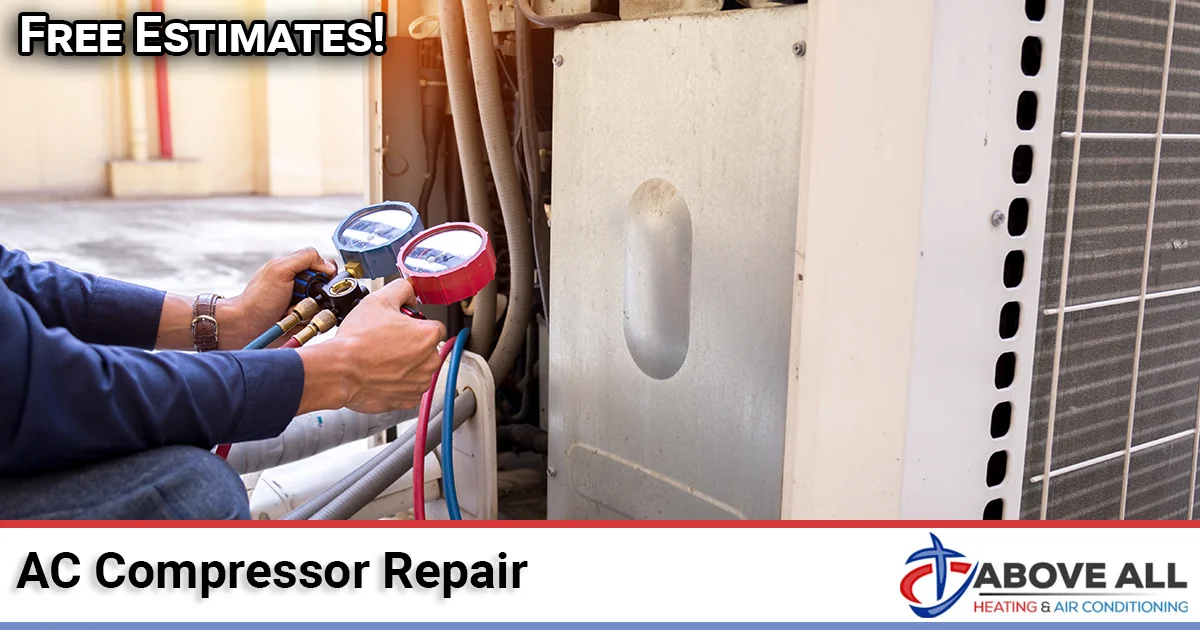 AC Compressor Not Working - Causes, Costs, and Fixes | Above All Heating and Air Outdoor AC condenser unit with a failed compressor being inspected by an Above All Heating and Air technician