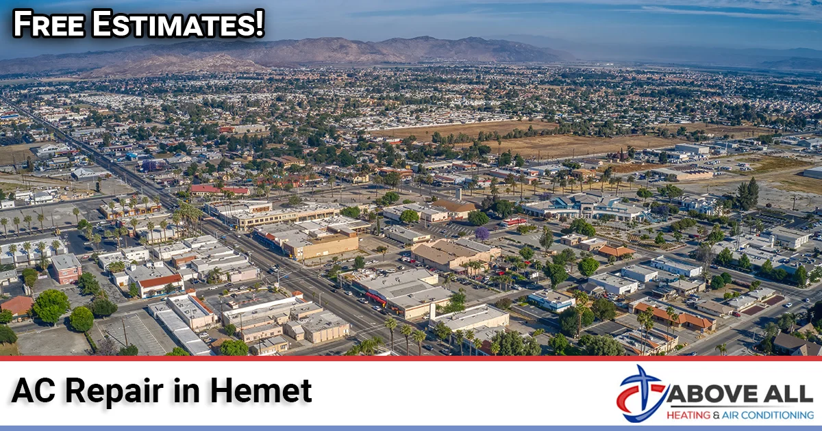 AC Repair in Hemet CA | Above All Heating and Air AC repair technician servicing an air conditioning unit in Hemet, CA during summer desert heat