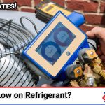 Above All Heating and Air technician checking refrigerant lines on an outdoor AC unit for a suspected leak
