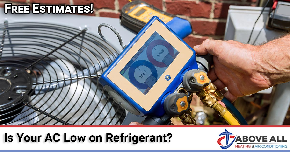 AC Refrigerant Leak | Above All Heating and Air Above All Heating and Air technician checking refrigerant lines on an outdoor AC unit for a suspected leak