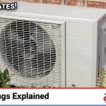 Outdoor AC condenser unit with its SEER2 efficiency rating label visible, illustrating the new SEER2 testing standard
