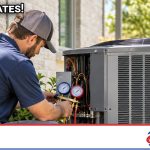 Above All Heating and Air technician performing an AC tune-up on a residential outdoor condenser unit