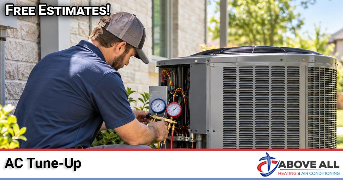 Above All Heating and Air technician performing an AC tune-up on a residential outdoor condenser unit
